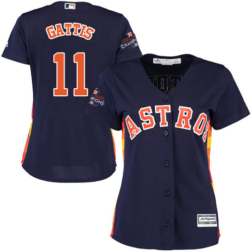 Astros #11 Evan Gattis Navy Blue Alternate World Series Champions Women's Stitched MLB Jersey
